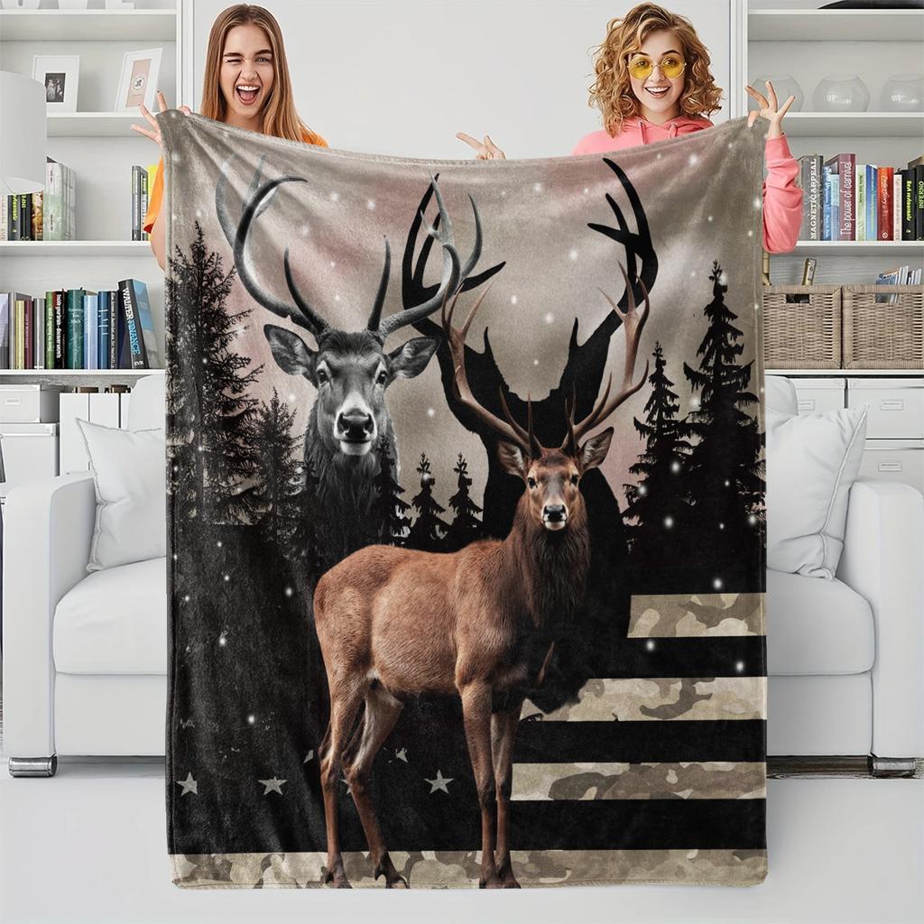 Flag Deer Printed Blanket,Soft Cozy Flannel Bed Blanket/Couch Blanket/Decorative Blanket/Camping Blanket,Perfect Holiday Gifts