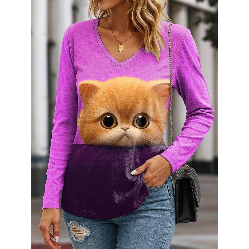 

Женские футболки с графическим принтом животного кошки Элегантные модные футболки с длинным рукавом V-образным вырезом Обычные топы Пуловер Осень Зима XL