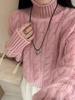 Women's High-Neck Cable Knit Wool Sweater - European Style, Heavy-Duty, Loose Fit, Thick, Short, Fashionable Base Layer for Autumn/Winter.