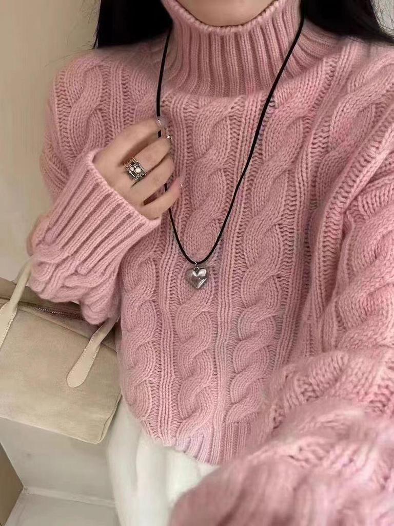 Women's High-Neck Cable Knit Wool Sweater - European Style, Heavy-Duty, Loose Fit, Thick, Short, Fashionable Base Layer for Autumn/Winter.