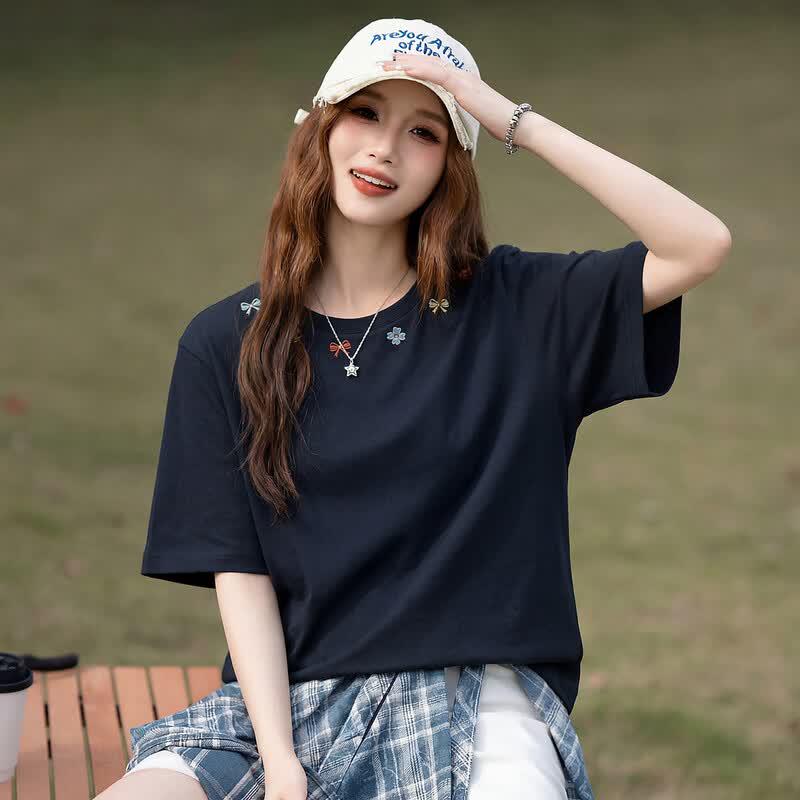 TonLion Damen T-Shirt mit Stickerei, kurzärmelig