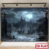 2D Flat Banner Halloween Background Cloth - Gothic Manor and Cemetery Scene Full moon.PMJ