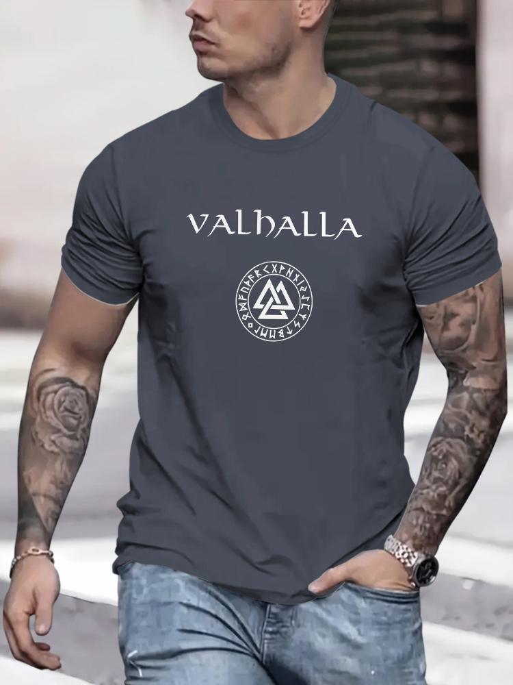 Mens Valhalla Nordic stylecasual round neck cotton shortsleeved Tshirt printed with Nordic warrior logo and axe pattern