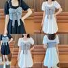 Summer French Style Twopiece Dress With Puff Sleeves And Bow For Petite Women