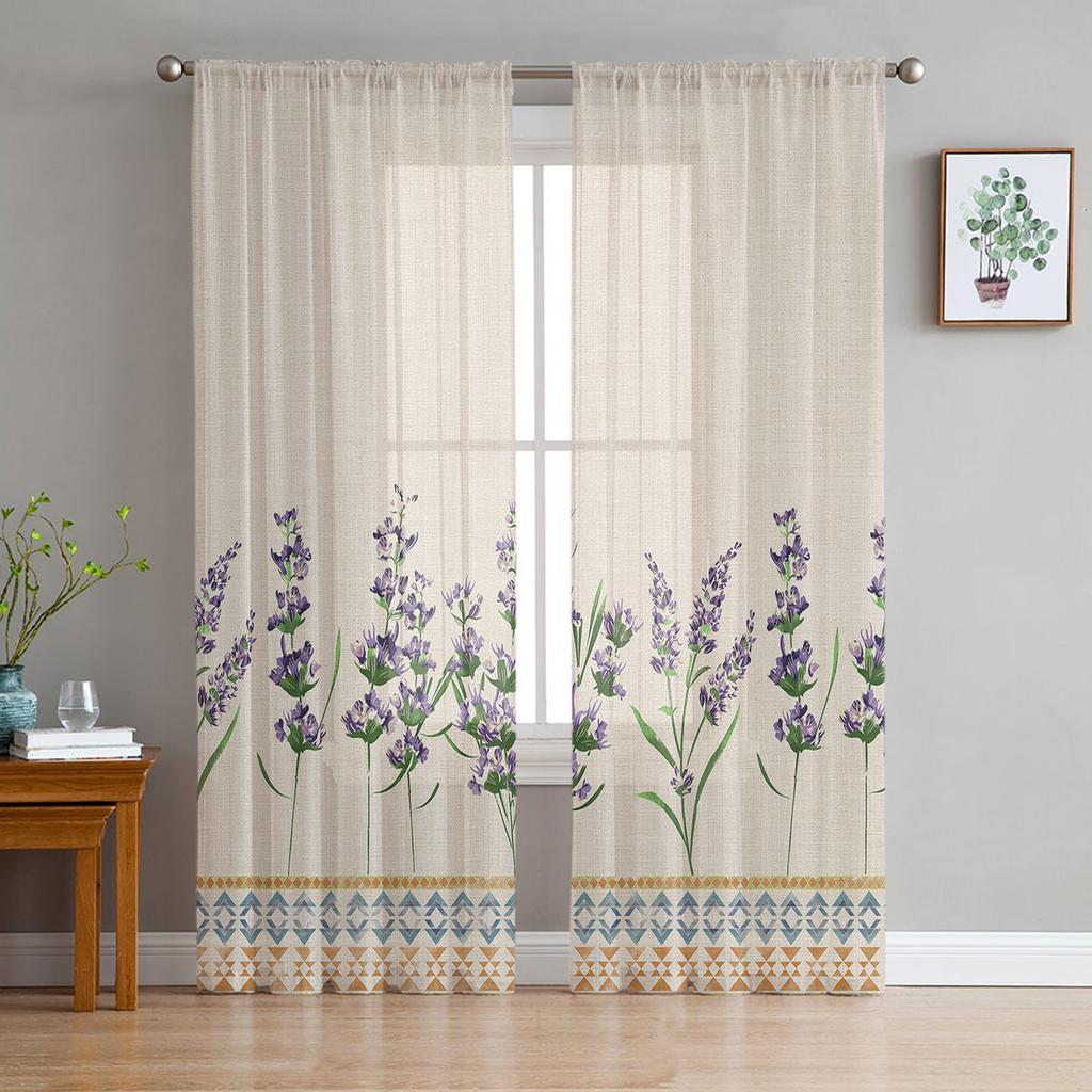 Pflanzen Lavendel Blume Lila Weiß Gardinen für Wohnzimmer Dekoration Fenster Vorhang Küche Tüll Voile Organza Vorhänge