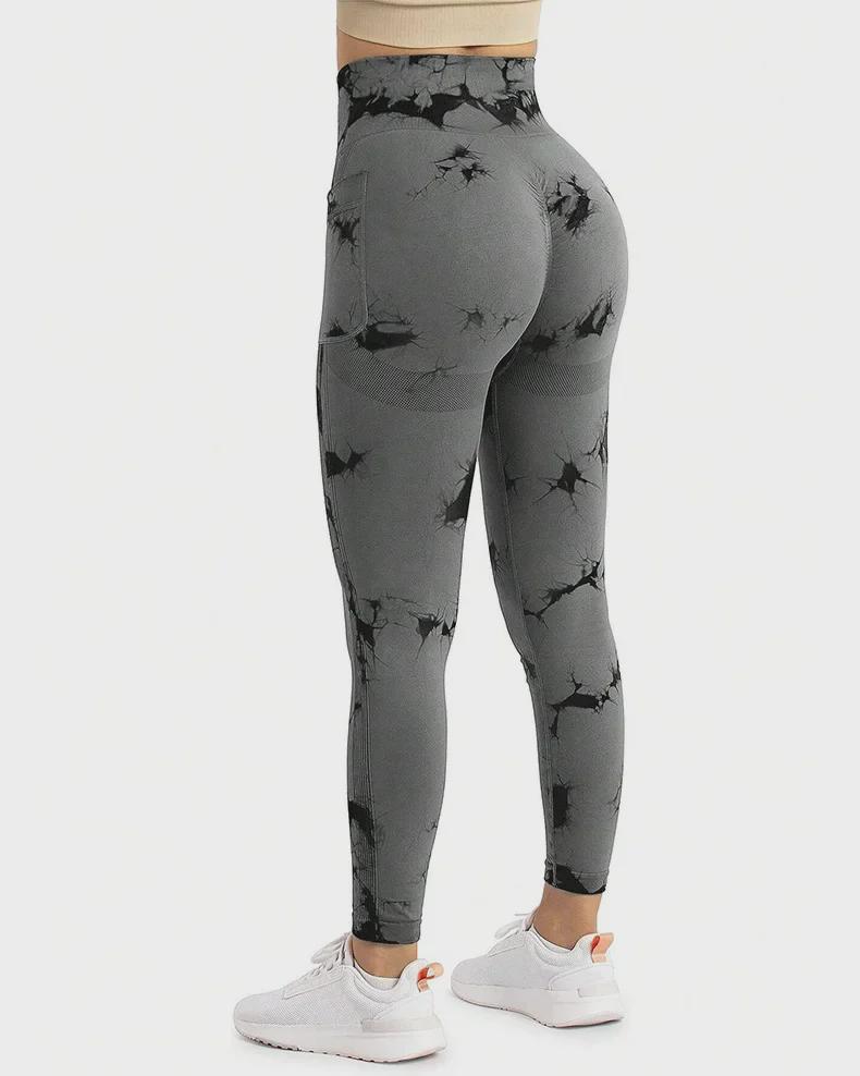 Damskie spodnie do jogi tie-dye z kieszeniami bocznymi – unoszące biodra sportowe ubrania