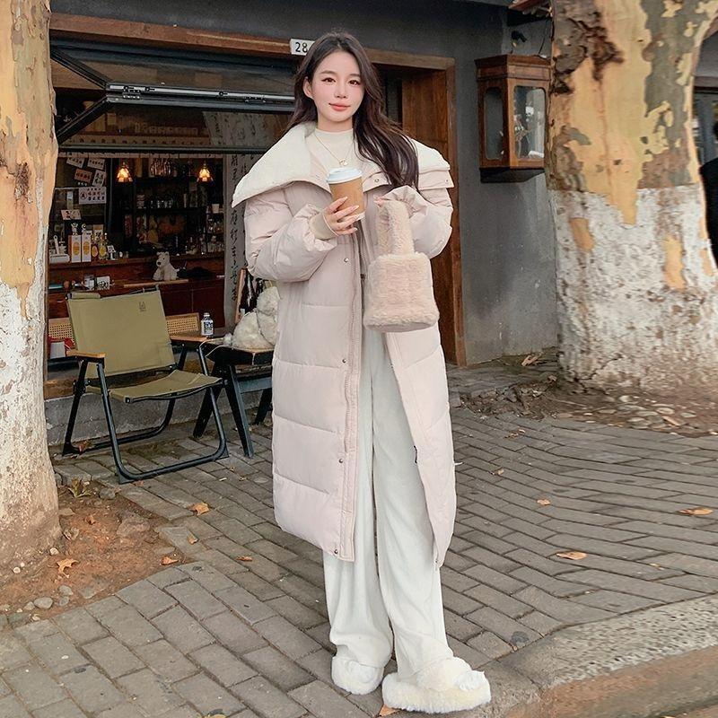 Winter Women Coat Long Length College Style Over Knee Big Collar Warm Lamb Wool Blend Jacket Trendy