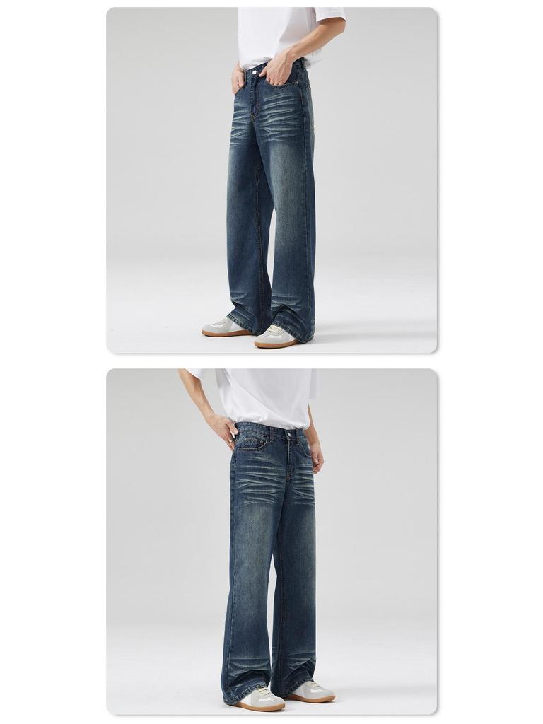 LKTM Unisex American Retro Dark Blue Micro-Flare Jeans, Whiskered Washed Long Pants