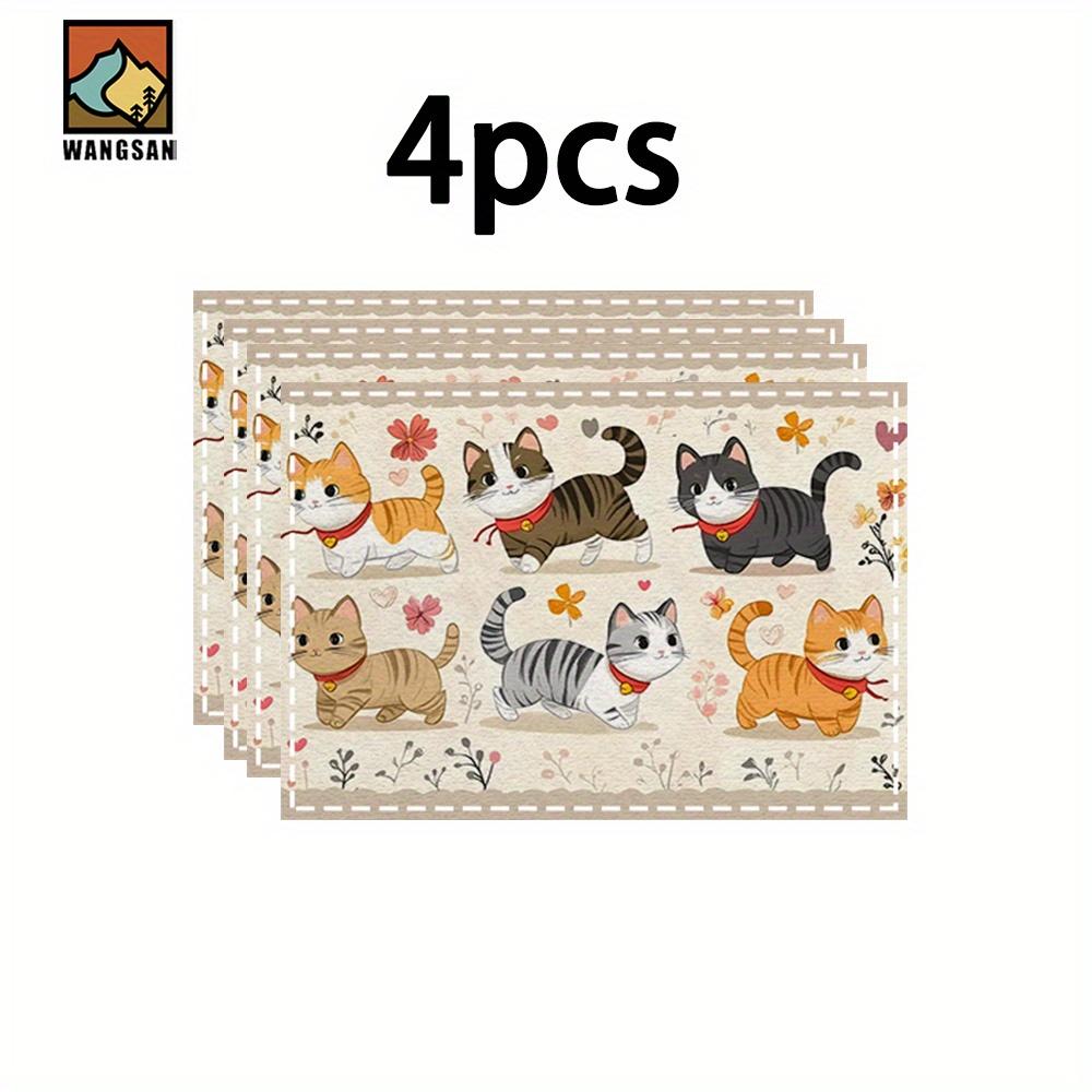 1pc/4pcs/6pcs Cute Cat Floral Heart Pattern Placemat - Machine Washable Rectangular Polyester Table Protector, Heat-Insulating Mat for Restaurant