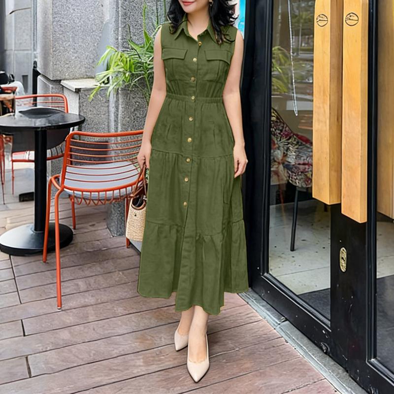 ZANZEA Women Casual Turn Down Collar Loose Sleeveless Dress