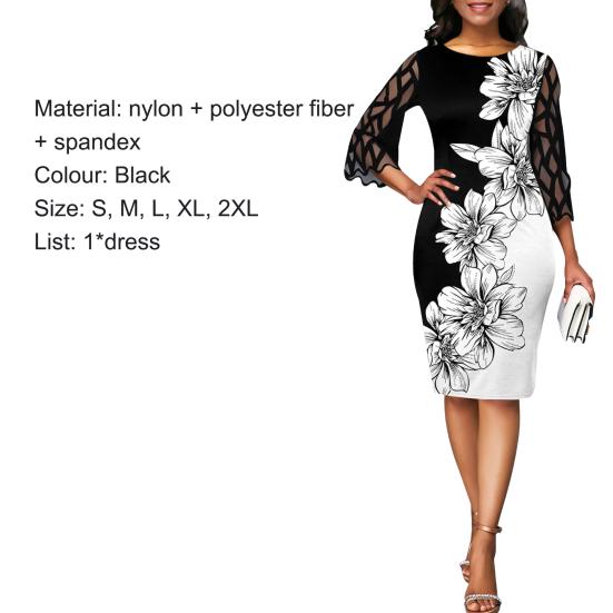 Lady Petticoats Übergröße Damen Kleid Blumendruck Mesh Patchwork 3/4 Ärmel Bodycon Streetwear für Party