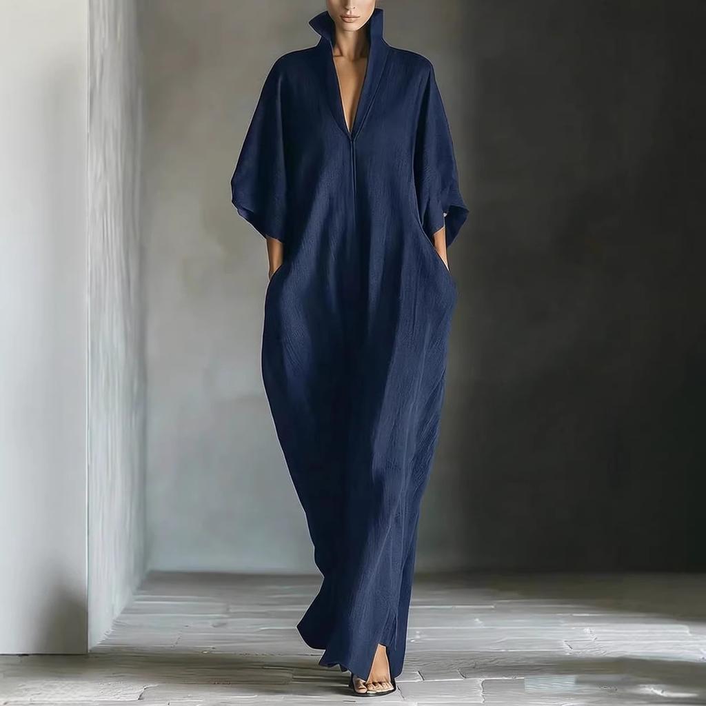 Women's 3/4 Sleeve Stand Collar Robe with Front Zipper Slit Hem Loose Fit Ankle Length Duster Multi Colors