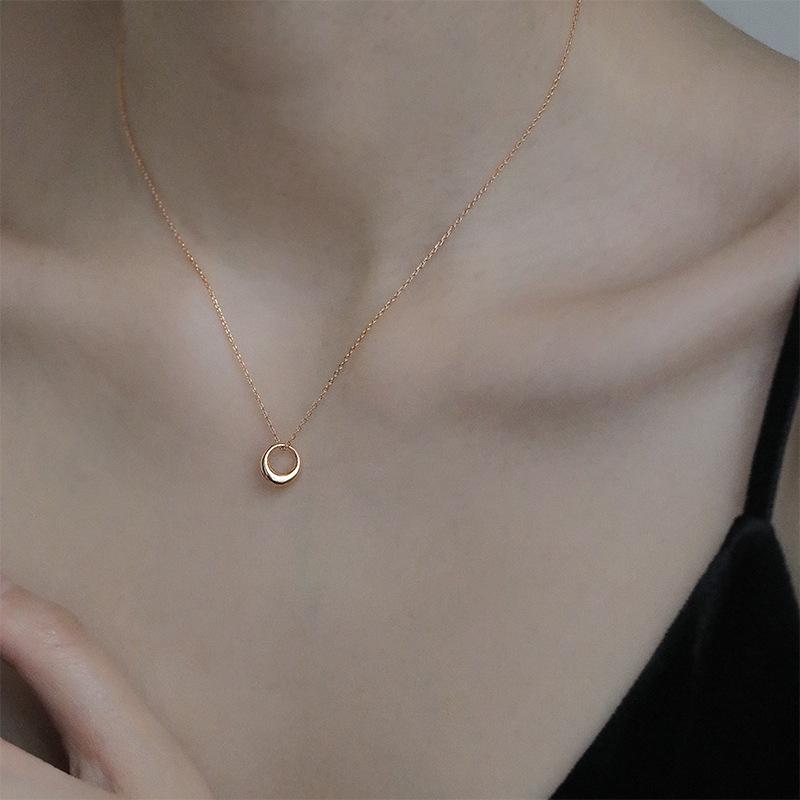 Gold-Plated S925 Sterling Silver Circle Pendant Necklace - Minimalist, Glossy, Clavicle Chain