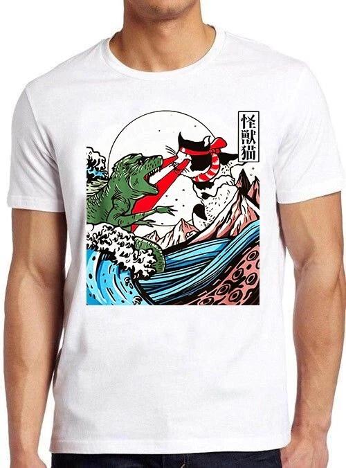 Horror Dinosaur Cat The Great Wave Off Meme Joke Funny Gift Tee T Shirt M1039 XXL