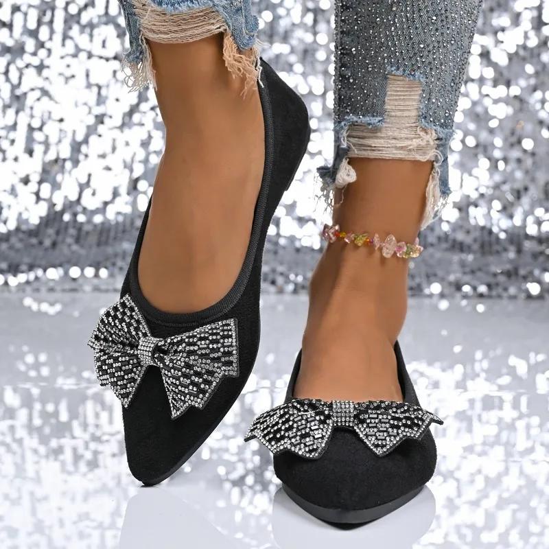 Fashion 2025 New Slip On Pointed Toe Women's Flat Shoes Outdoor Crystal Bow Tie Shallow Flats Plus Size Comfortable Casual Walking Shoes