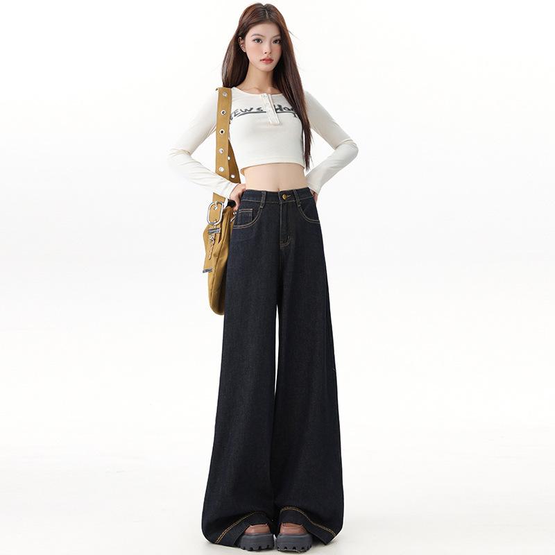 Women's Black and Gold High-Waisted Wide-Leg Denim Pants - 2025 Early Autumn Design