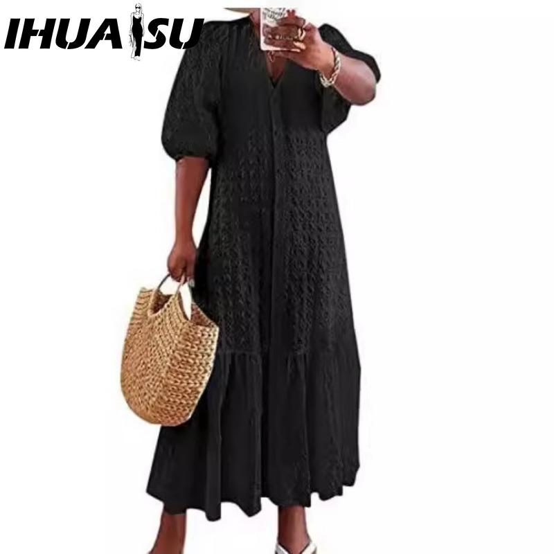 

ИГУАСУ Летняя женская туника для вечеринки с оборками, V-образным вырезом и пуговицами, тонкий пуф-рукав, повседневное свободное длинное платье-рубашка большого размера XXXXXL