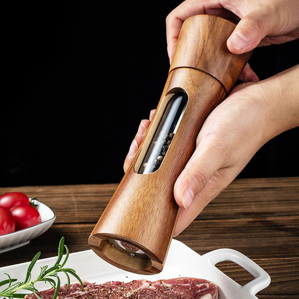 1PCS Kitchen Spice Grinder Acacia Wood Pepper Mill Transparent Salt Grinder Ceramic Core Condiment Bottle Seasoning Cook Tool