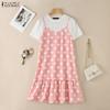 ZANZEA Women Casual Round Neck Short Sleeve Polka Dot Print Patchwork Summer Dress