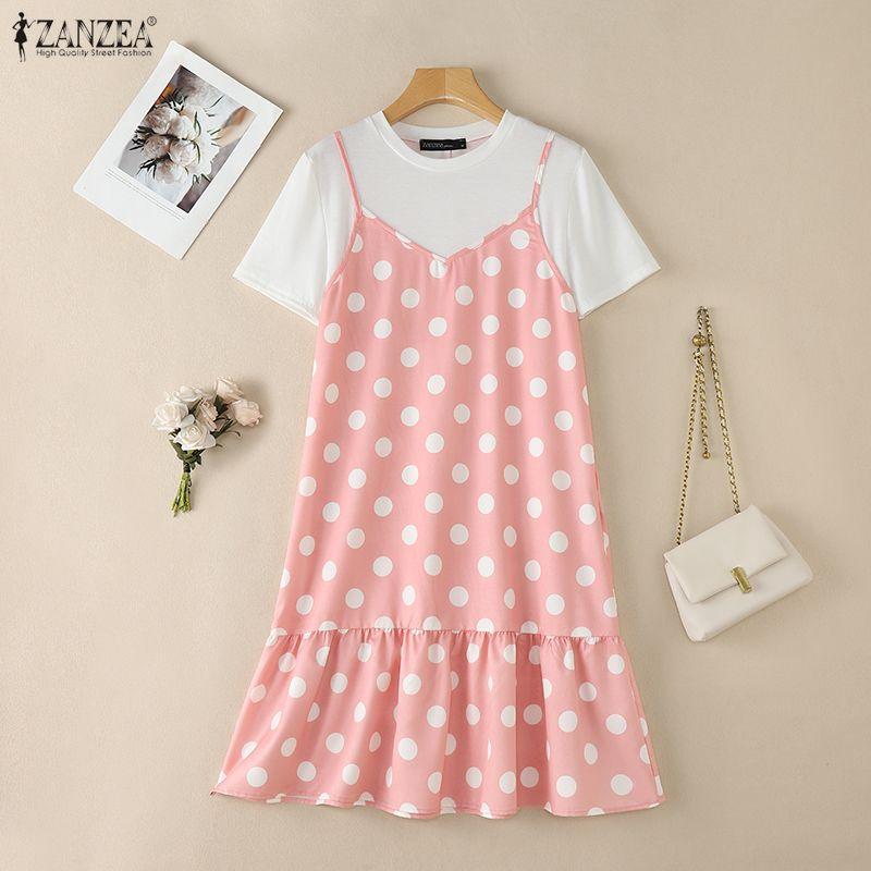 ZANZEA Women Casual Round Neck Short Sleeve Polka Dot Print Patchwork Summer Dress