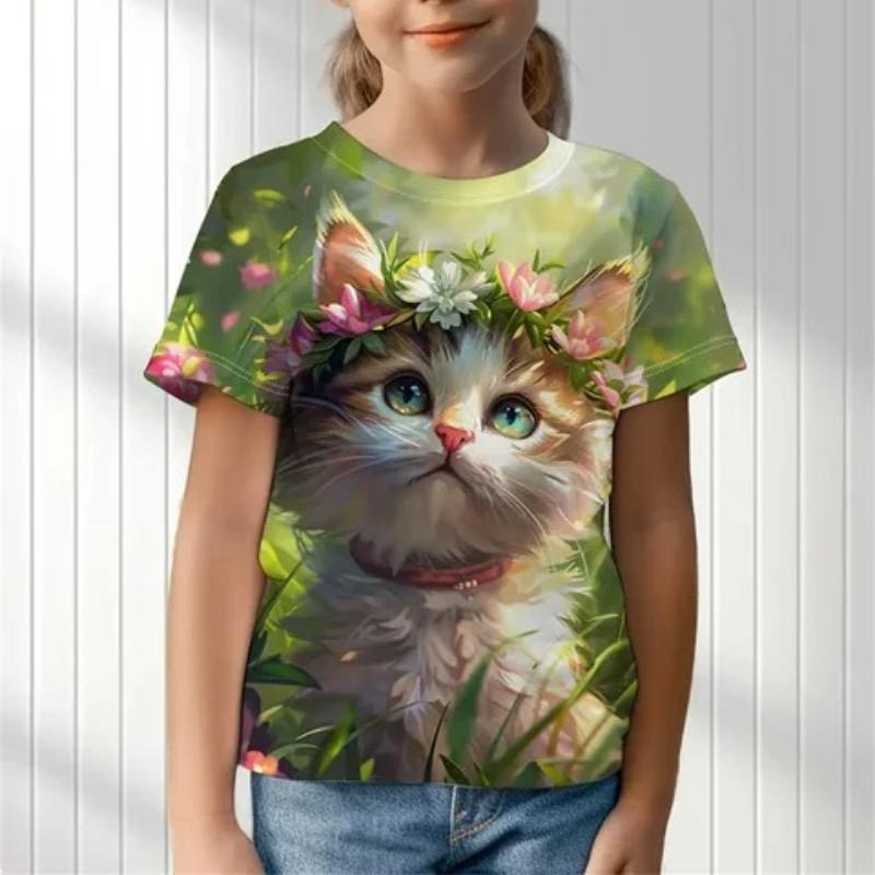 T-shirts Mignons Multicolores Tie Dye à Imprimé Chatons Dessin Animé pour Enfants Filles T-shirt Tendance Doux et Confortable