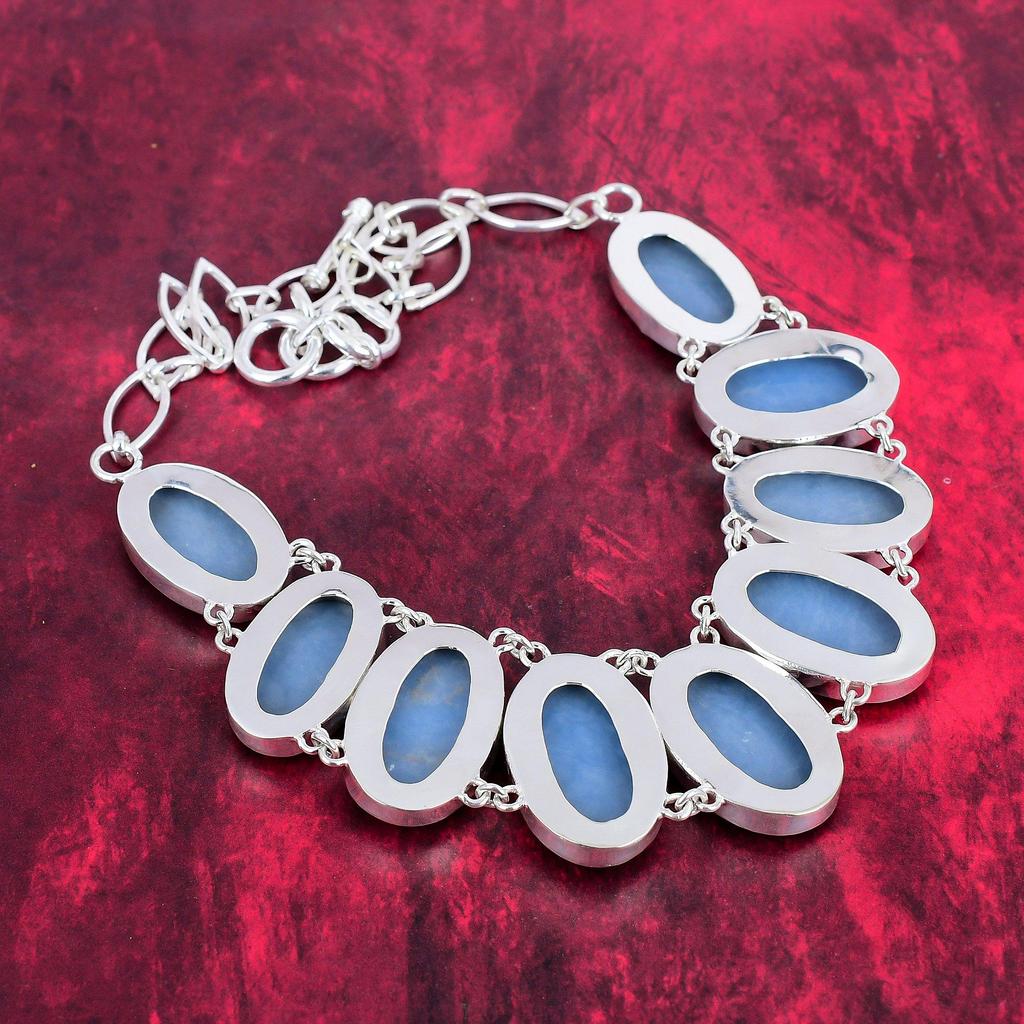 Angelite 925 Solid Sterling Silver Necklace with Adjustable Chain, Handmade Gemstone Jewelry Necklace For Memorial Day