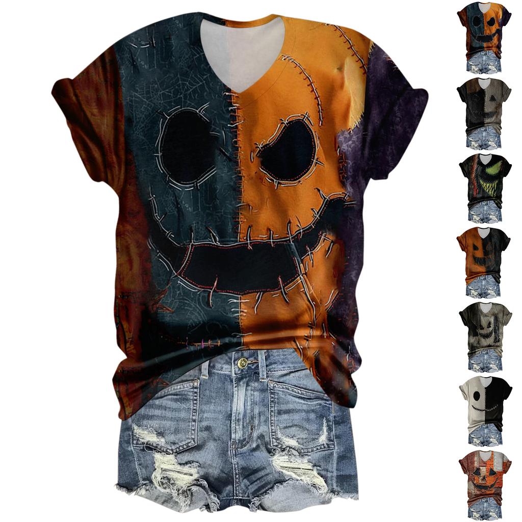 Women's Fashion Casual Three-quarter Sleeve Halloween Letters,  Face Print Top