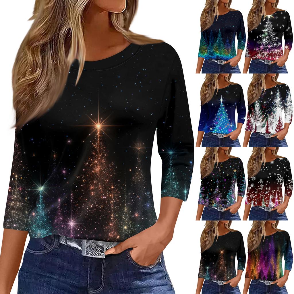 Damen Modisches Lässiges Rundhals-T-Shirt mit Blumendruck und Dreiviertelärmeln