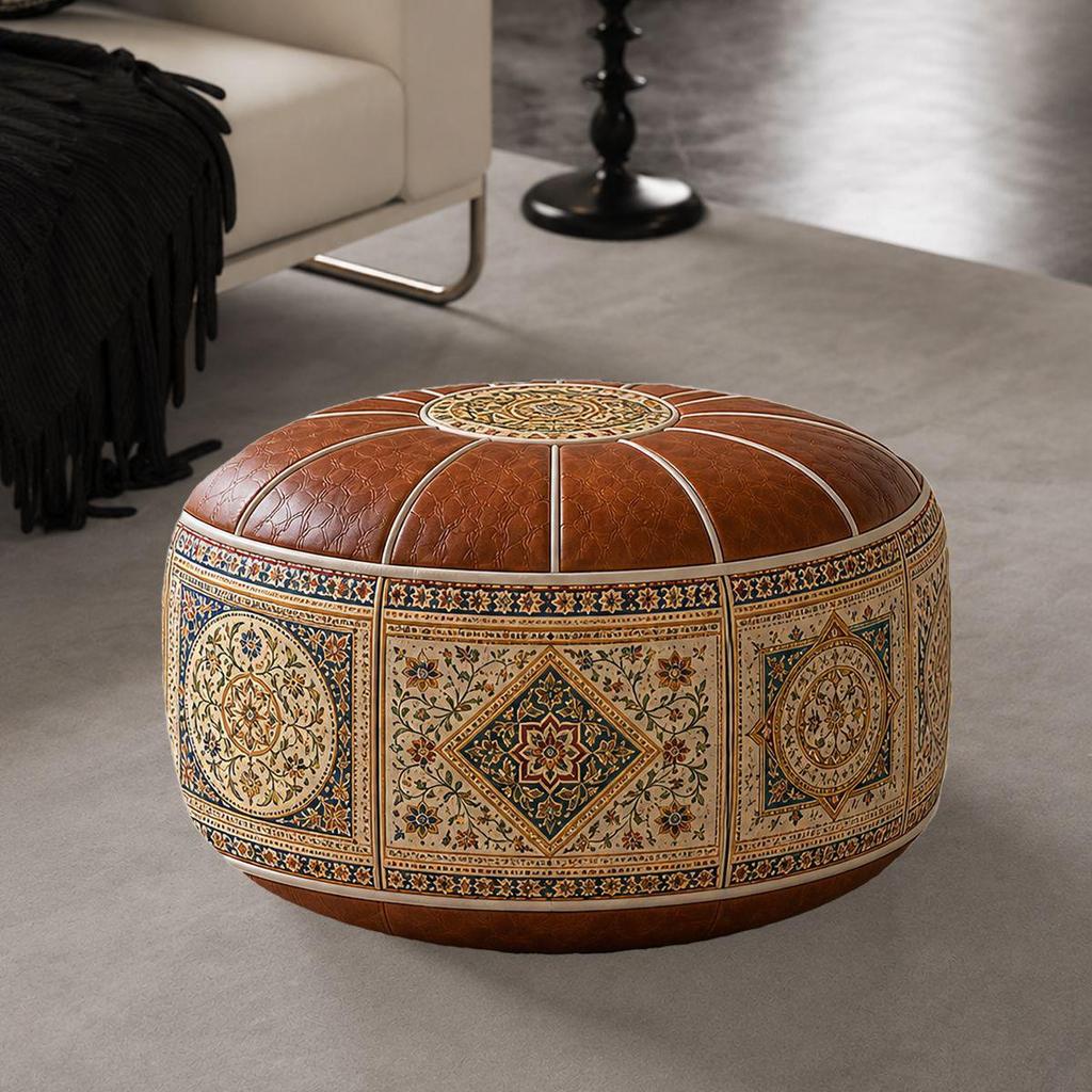 Retro Ethnic Leather Storage Footstool: Round, Multifunctional Shoe Changing Stool for Living Room