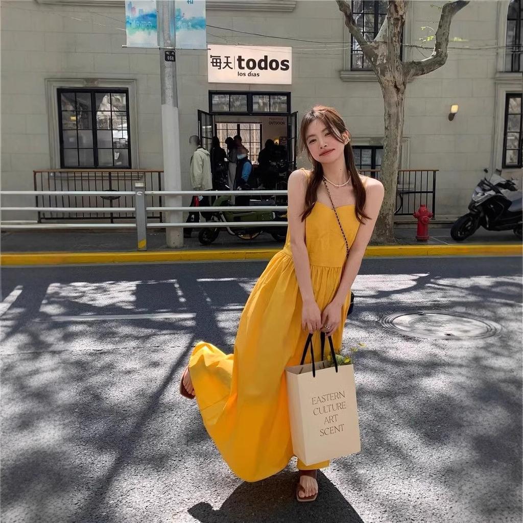 New Seaside Vacation Yellow Suspender Dress Children Summer French Gentle Wind Travel Wear Long Dress