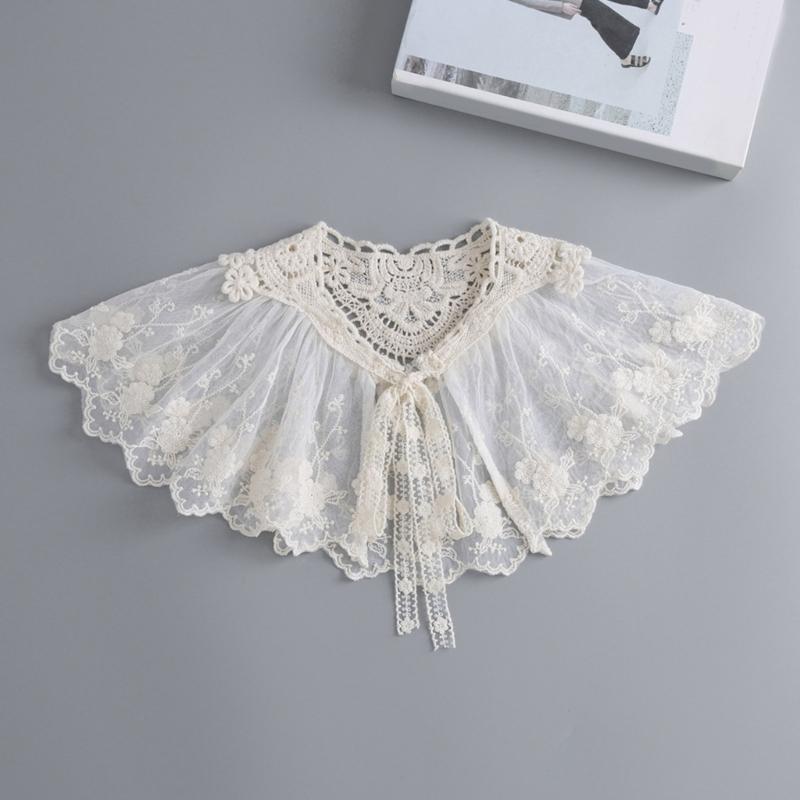 Korean Style Women False Collar Shawl Scarf Elegant Embroidery Lace Pleated Lace-Up Bowknot Shoulder Wrap Poncho Cape