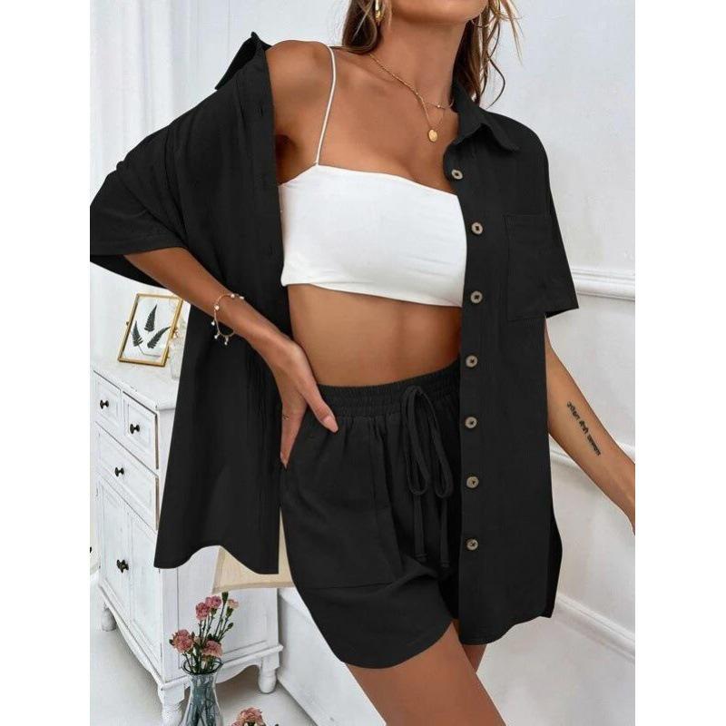 Women's Casual Solid Color Two-Piece Set: Short-Sleeved Shirt & Loose Shorts