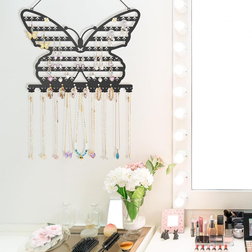 NiHome Butterfly Wall Mounted Jewelry Organizer, Decorative Metal Earring and Necklace Holder for Bedroom, Vanity, or Closet, Stylish Organizer with