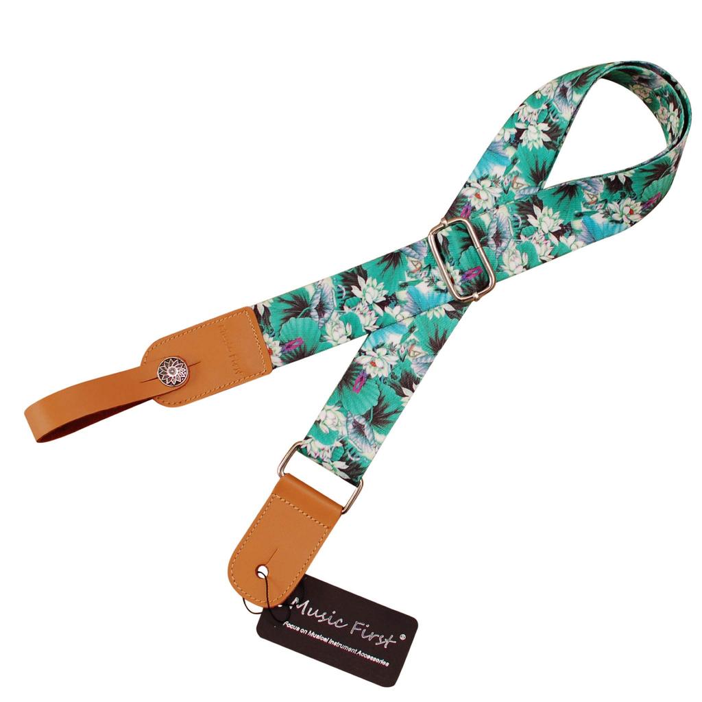 [MUSIC FIRST] Original design [Lotus] Soft nylon & genuine leather ukulele strap ukulele shoulder strap Includes one brand strap locker