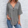 Top Estivi da Donna Scollo a V Manica a Tre Quarti Casual T-Shirt Tinta Unita Decorazione Bottoni Vestibilità Ampia Lunghezza Media Blusa