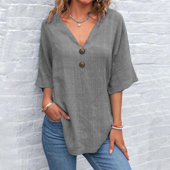 Top Estivi da Donna Scollo a V Manica a Tre Quarti Casual T-Shirt Tinta Unita Decorazione Bottoni Vestibilità Ampia Lunghezza Media Blusa