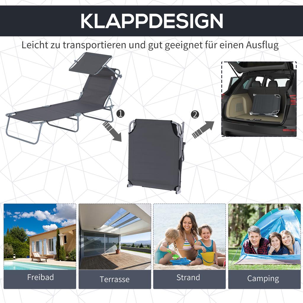 Foldable Sun Lounger, Garden Lounger with Sunshade, Beach Lounger, with 4-position Adjustable Backrest,  Suitable for Garden, Balcony and Pool, Gray