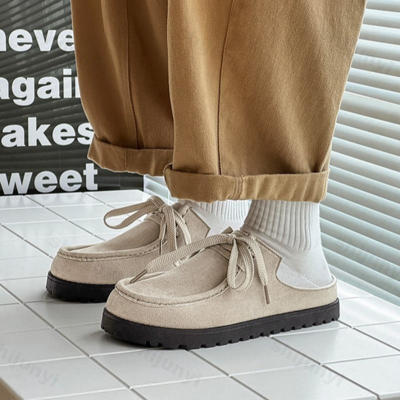 Men's Loafers 2025 Summer Comfortable Suede Casual Shoes Retro Platform Lace-up Flat Half Slippers Mules Zapatos Para Hombre