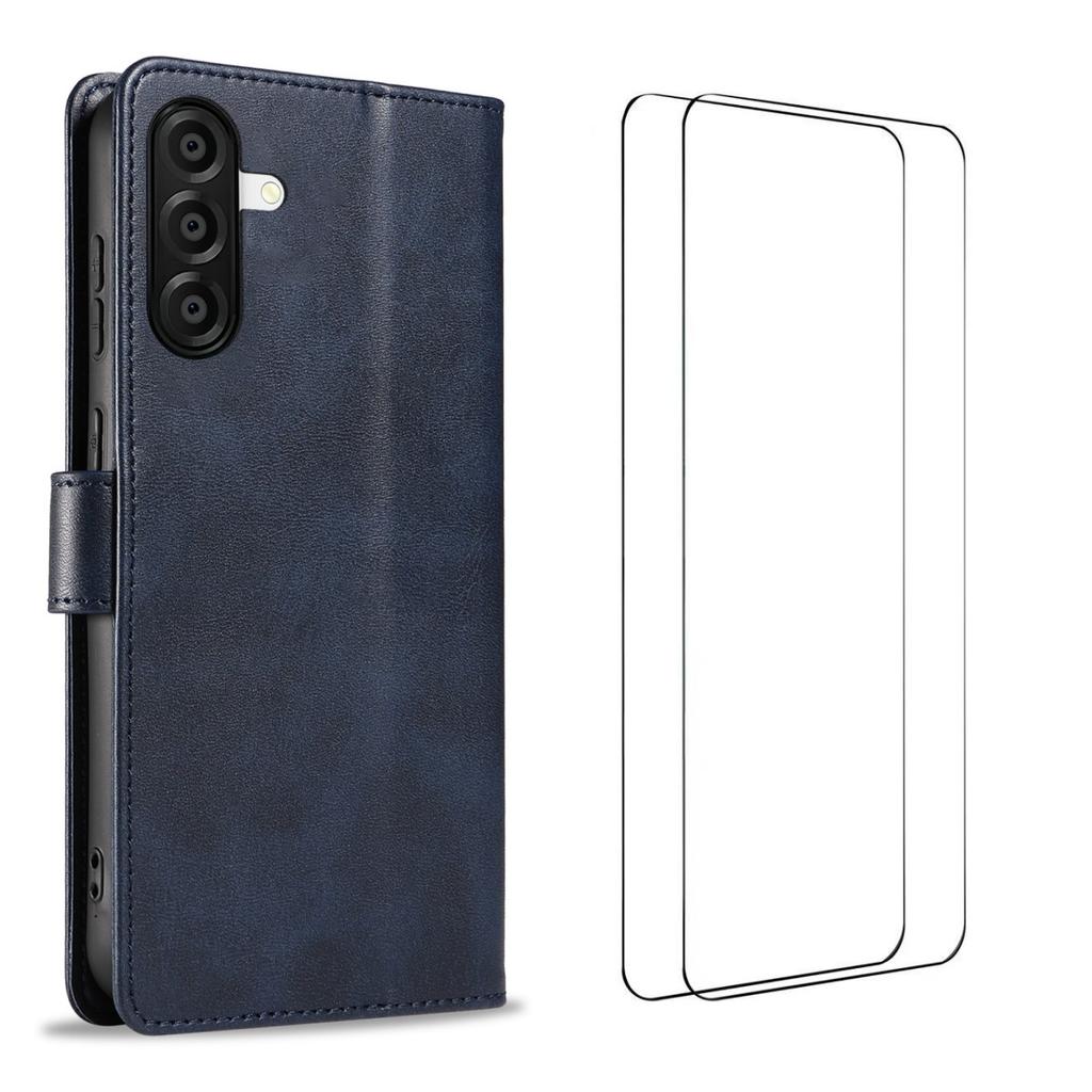 Für Samsung Galaxy A36 5G Hülle mit 2 Stück Panzerglas WANLONFENG WN Serie Kalbsleder Textur Handyhülle Große Aussparungen