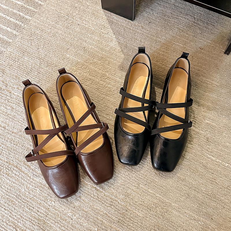 Sheepskin version~ Handmade single shoes women's 2025 new square head cross strap Mary Jane shoes French retro light mouth shoes