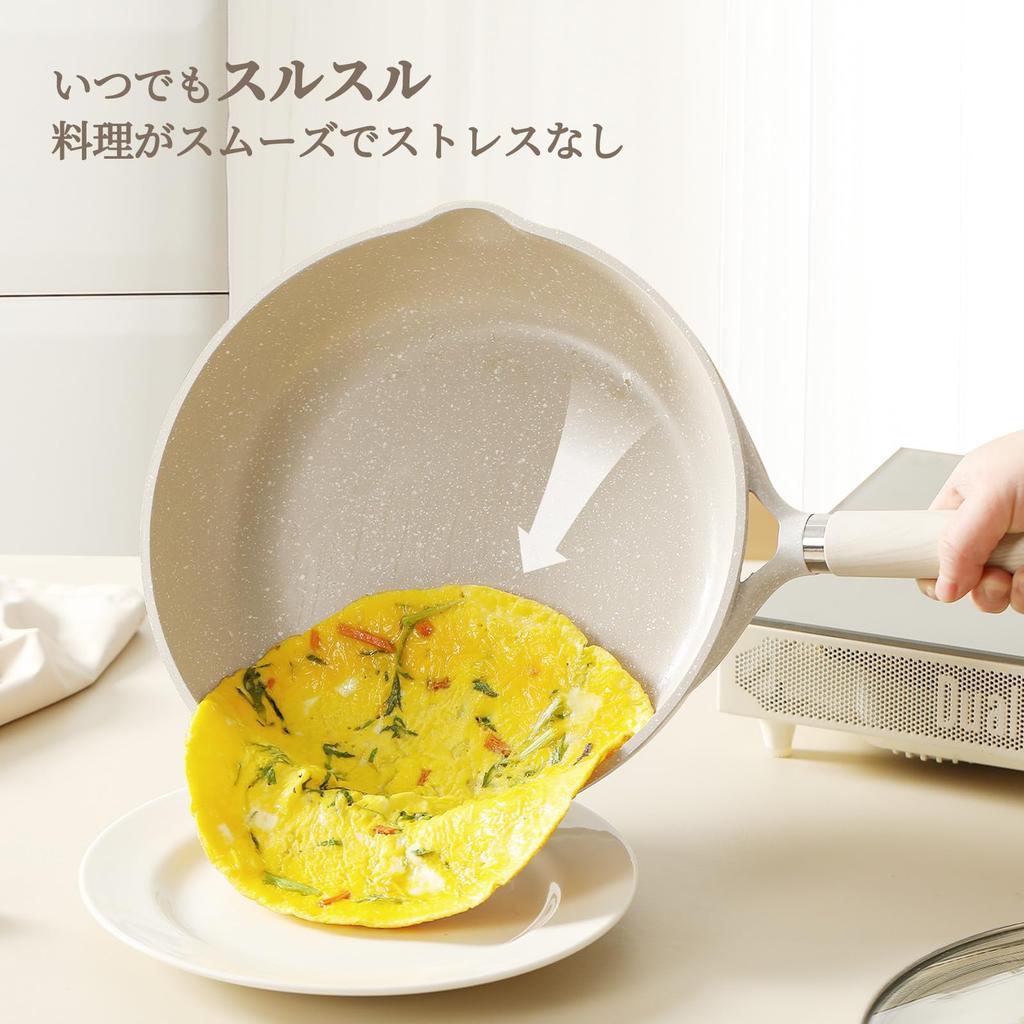 CAROTE Frying Pan with Lid, 20cm, IH Compatible, PFOA/PFOS Free, Marble Coating, Smooth Non-Stick, Easy To Clean, Perfect for Fried Eggs and Omelets,