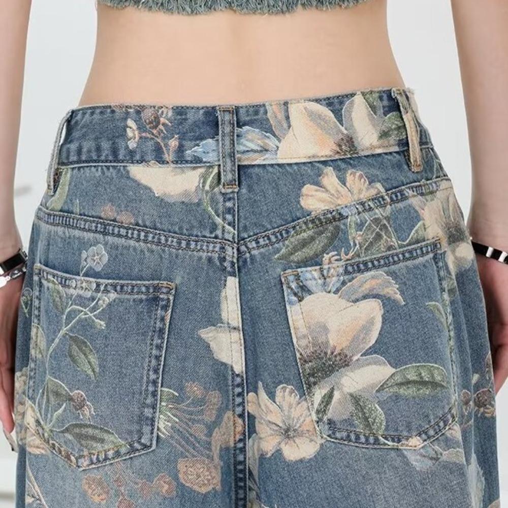 Ins Straight Denim Trousers Floral Broken Hollow Pants Retro Flower Cowboy Pants  Unisex