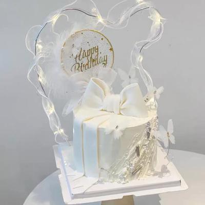 Shiny White Mesh Heart Round Happy Birthday Cake Topper with Feather for Girls Women Princess Birthday Party Cake Decorations