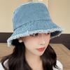 Women Bucket Hat Sun Protection Anti-UV Wide Brim Ripped Edge Flat Top Foldable Retro Windproof Breathable Outdoor Camping Fishing Sun Cap