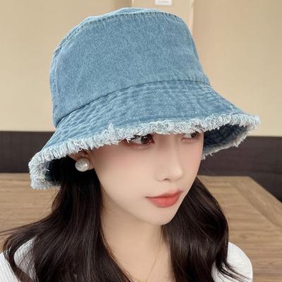 Women Bucket Hat Sun Protection Anti-UV Wide Brim Ripped Edge Flat Top Foldable Retro Windproof Breathable Outdoor Camping Fishing Sun Cap