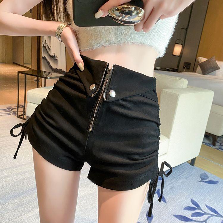 

2026 Plus Size Chubby Girls Black Wide-Leg High-Waisted Drawstring Shorts A-Line Casual Hot Pants XS (suggested 70-85 jin) чорний
