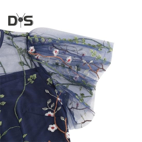 Women Evening Dress Double-layer Flower Embroidery Mesh A-line Big Swing Short Sleeves O Neck Back Zipper Closure Prom Party Midi Dress