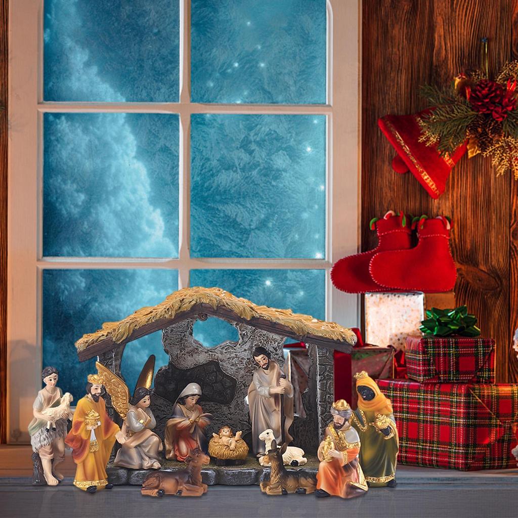 Nativity Manger Set 12-pcs Resin Hand-painted Nativity Figurines Christmas Nativity Figurine Collection Holy Family Religious