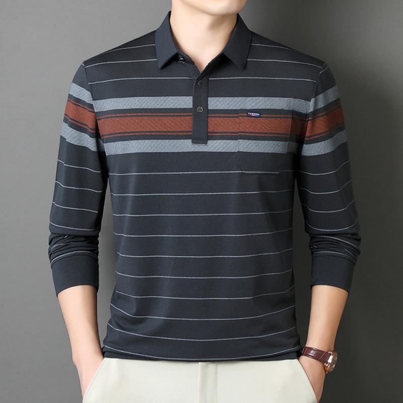Men S Striped Long Sleeve Polo Shirt Loose Fit For Middle Aged Dad Autumn