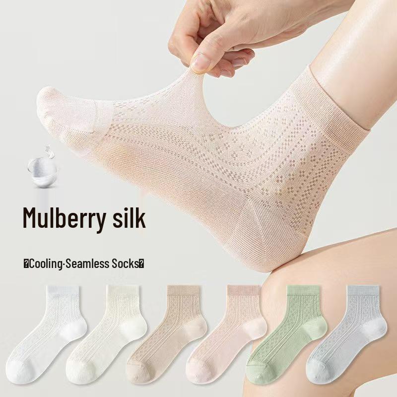 Women's Mulberry Silk Stockings - Summer Thin Mesh, Breathable, Seamless, Mid-Calf Socks for Spring/Autumn, Solid Color.